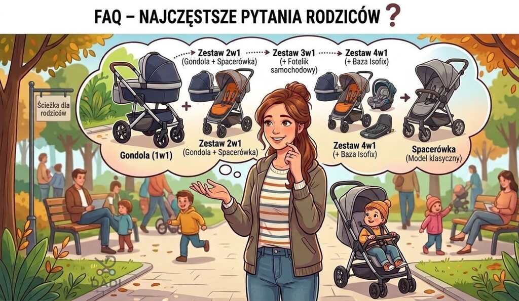 Ilustracja przedstawia typy wózków dziecięcych (2w1, 3w1, 4w1) na tle parku, z opisami gondoli, spacerówki i fotelika.